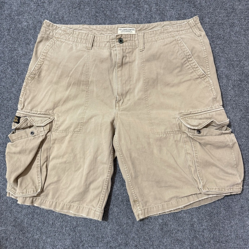 🩳 POLO JEANS CO Y2K Cargo Shorts Mens 42 Tan Khaki Heavy Cotton Ralph Lauren